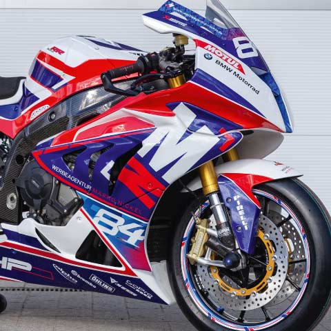 Designfolierung eines Rennmotorrades blau/rot BMW S1000RR